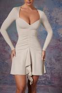 Long Sleeve Waterfall Skirt Mini Dress in Stone, 6