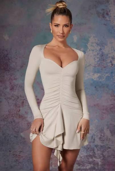 Long Sleeve Waterfall Skirt Mini Dress in Stone, 6