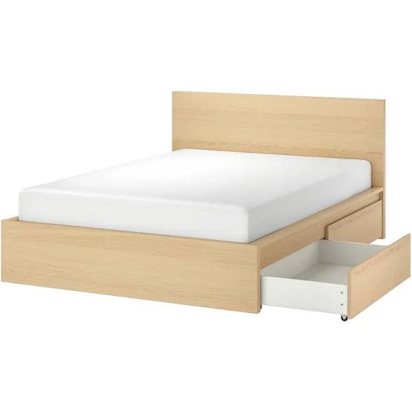 Malm Bed Frame, High, W 2 Storage Boxes, White Stained Oak Veneer