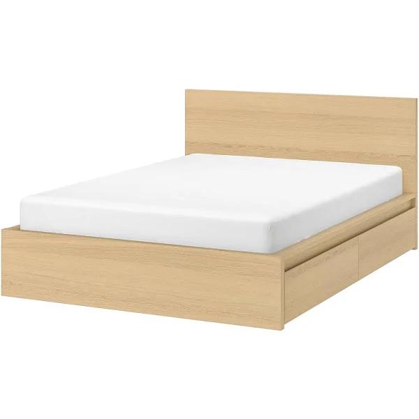 Malm Bed Frame, High, W 4 Storage Boxes, White Stained Oak Veneer