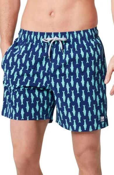 Tom & Teddy Sardines Print 6 Swim Trunks Ink Blue & Green