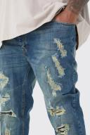Mens Antique Blue Plus Skinny All Over Rip Stacked Jeans