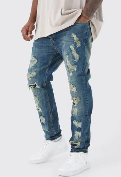 Mens Antique Blue Plus Skinny All Over Rip Stacked Jeans