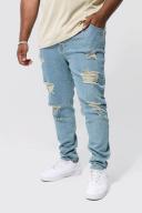 Mens Antique Blue Plus Skinny Stretch All Over Rip Jeans