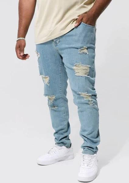 Mens Antique Blue Plus Skinny Stretch All Over Rip Jeans