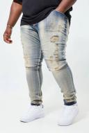 Mens Antique Blue Plus Skinny Stretch Multi Rip Stacked Jeans