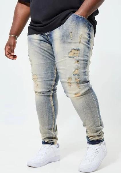 Mens Antique Blue Plus Skinny Stretch Multi Rip Stacked Jeans