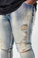 Mens Antique Blue Plus Skinny Stretch Multi Rip Stacked Jeans