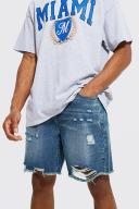 Mens Antique Blue Relaxed Fit Rigid Multi Rip Denim Shorts