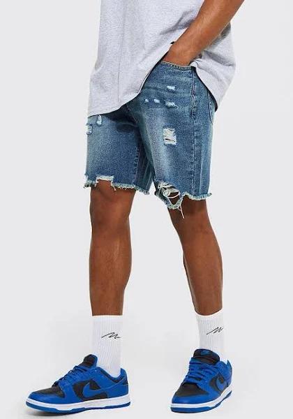 Mens Antique Blue Relaxed Fit Rigid Multi Rip Denim Shorts