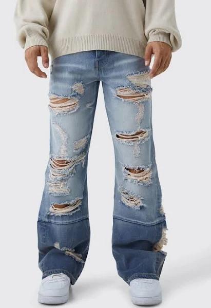 Mens Antique Blue Relaxed Rigid Flare All Over Ripped Jeans