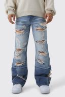 Mens Antique Blue Relaxed Rigid Flare All Over Ripped Jeans