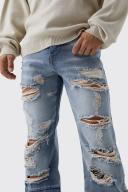 Mens Antique Blue Relaxed Rigid Flare All Over Ripped Jeans