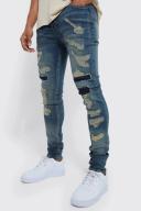 Mens Antique Blue Skinny All Over Rip Stacked Jeans