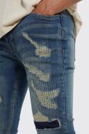 Mens Antique Blue Skinny All Over Rip Stacked Jeans