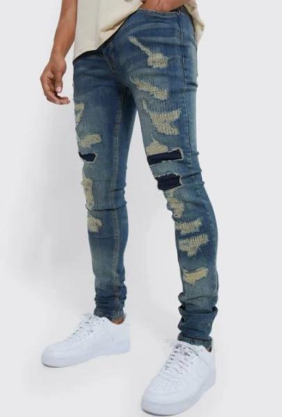 Mens Antique Blue Skinny All Over Rip Stacked Jeans