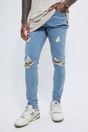 Mens Antique Blue Skinny Stretch Exploded Knee Ripped Jeans