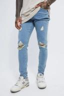 Mens Antique Blue Skinny Stretch Exploded Knee Ripped Jeans