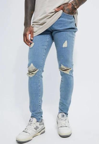 Mens Antique Blue Skinny Stretch Exploded Knee Ripped Jeans