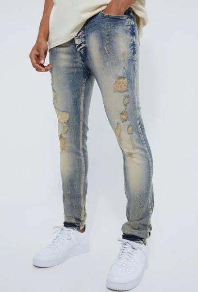 Mens Antique Blue Skinny Stretch Multi Rip Stacked Jeans