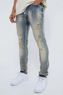 Mens Antique Blue Skinny Stretch Multi Rip Stacked Jeans