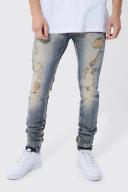Mens Antique Blue Tall Skinny Stretch Multi Rip Stacked Jeans