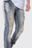 Mens Antique Blue Tall Skinny Stretch Multi Rip Stacked Jeans
