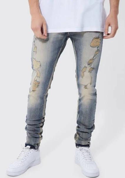 Mens Antique Blue Tall Skinny Stretch Multi Rip Stacked Jeans