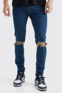 Mens Antique Blue Tall Super Skinny Stretch Ripped Knee Jeans