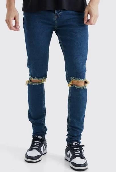 Mens Antique Blue Tall Super Skinny Stretch Ripped Knee Jeans