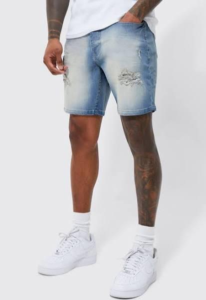 Mens Antique Wash Skinny Stretch Distressed Denim Shorts