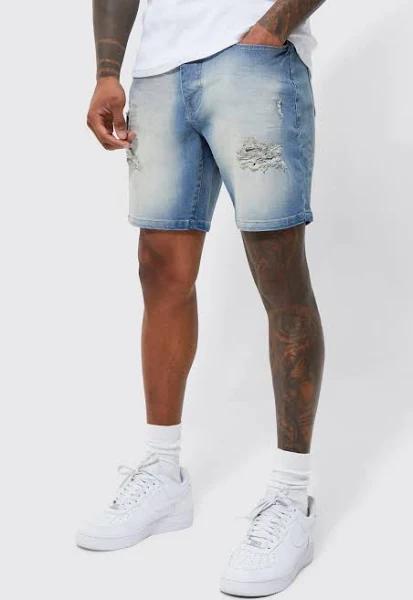 Mens Antique Wash Skinny Stretch Distressed Denim Shorts