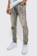 Mens Antique Wash Skinny Stretch Multi Rip Jeans