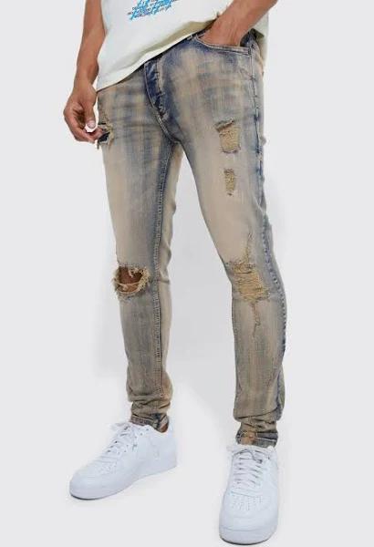 Mens Antique Wash Skinny Stretch Multi Rip Jeans