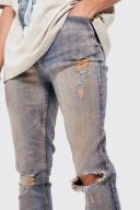 Mens Antique Wash Tall Skinny Stretch Multi Rip Jeans
