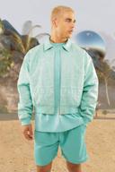 Mens Aqua Boxy PU Embroidered Collared Bomber