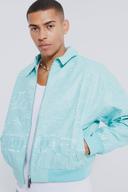Mens Aqua Boxy PU Embroidered Collared Bomber