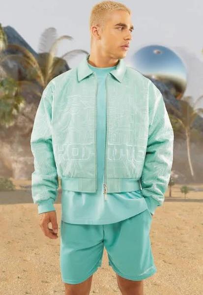 Mens Aqua Boxy PU Embroidered Collared Bomber