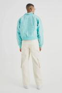 Mens Aqua Boxy PU Embroidered Collared Bomber
