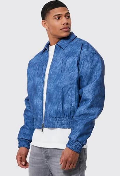 Mens Aqua Boxy Quilted PU Collared Bomber