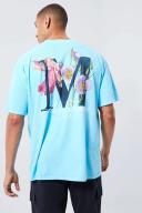 Mens Aqua Oversized Overdyed Floral Back Graphic T-Shirt