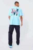 Mens Aqua Oversized Overdyed Floral Back Graphic T-Shirt
