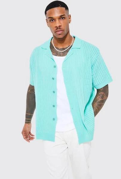 Mens Aqua Textured Short Sleeve Knitted Shirt