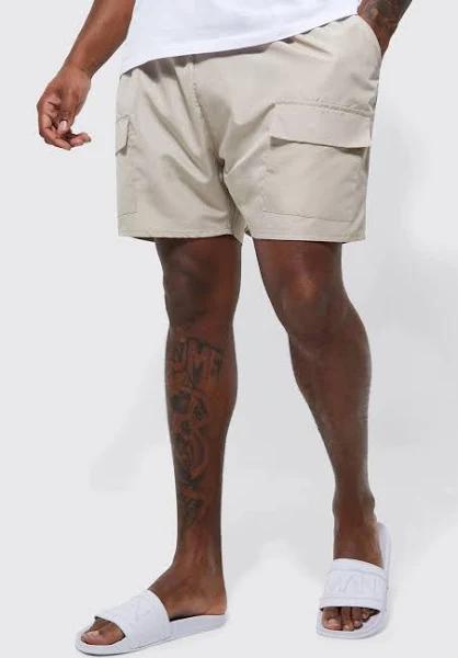Mens Beige Plus Mid Length Cargo Bungee Swim Shorts