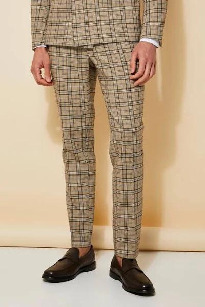 Mens Beige Skinny Check Suit Trousers