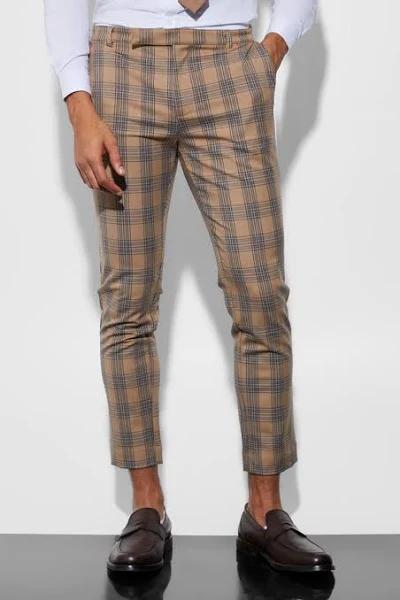 Mens Beige Skinny Crop Check Suit Trousers