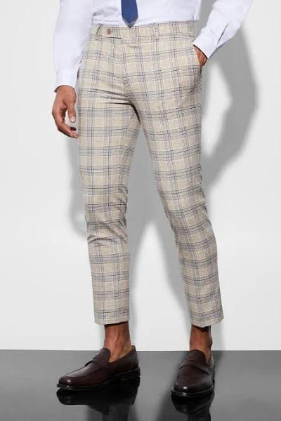 Mens Beige Skinny Crop Check Suit Trousers