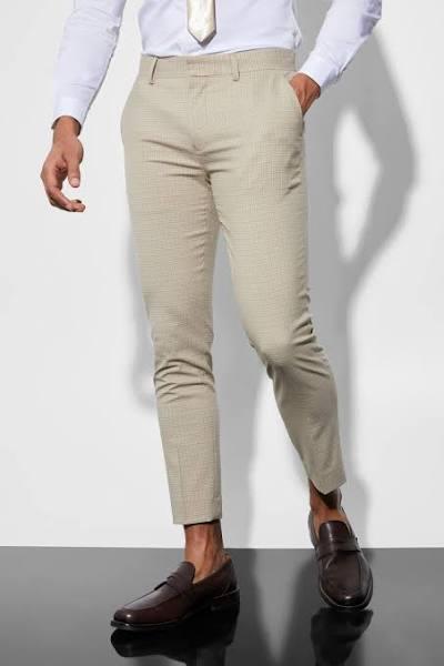 Mens Beige Skinny Crop Micro Check Suit Trousers