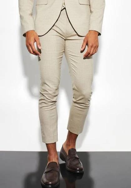 Mens Beige Skinny Crop Micro Check Suit Trousers