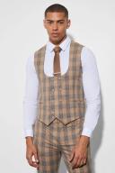 Mens Beige Skinny Double Breasted Check Waistcoat